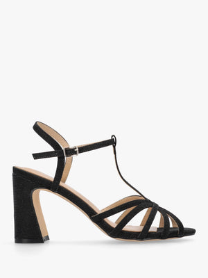 Iceline Black Metallic T Bar Block Heel Sandals