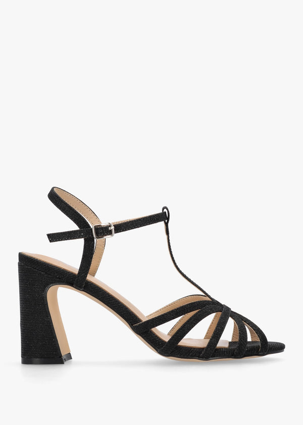 Iceline Black Metallic T Bar Block Heel Sandals
