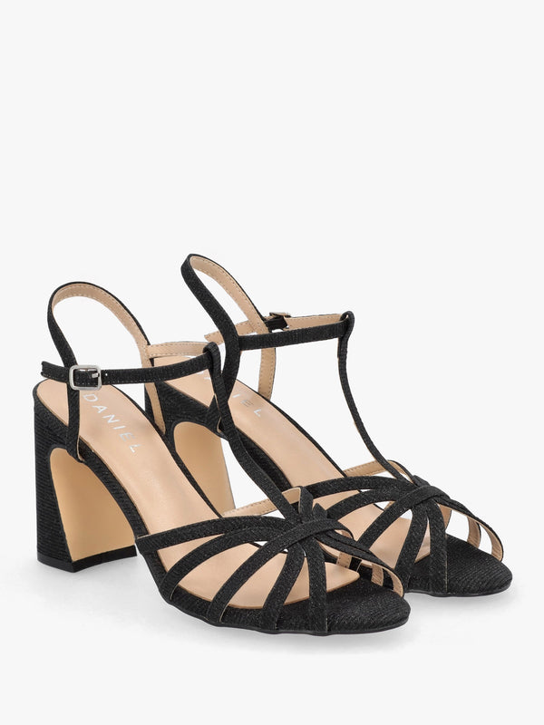 Iceline Black Metallic T Bar Block Heel Sandals