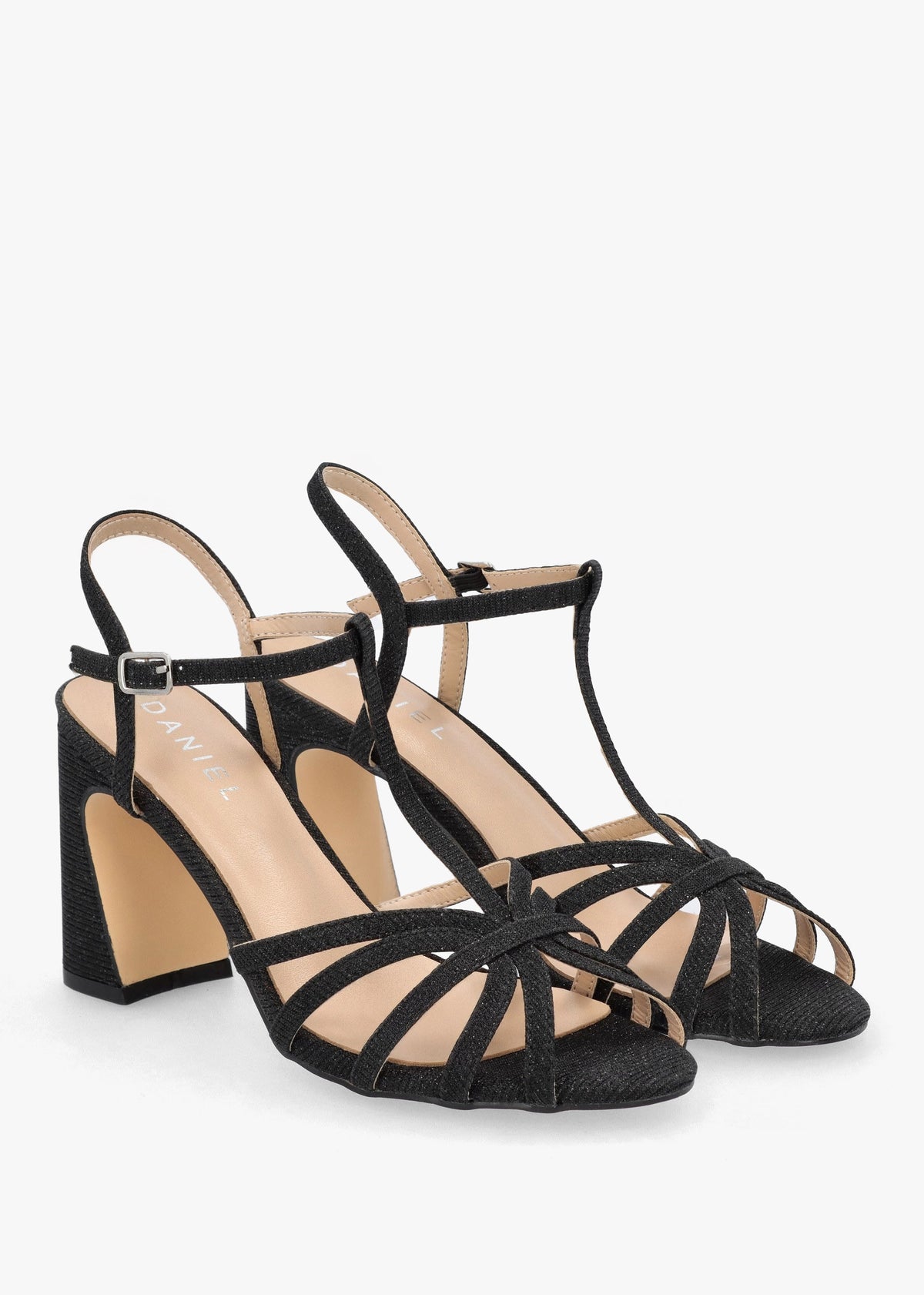 Iceline Black Metallic T Bar Block Heel Sandals