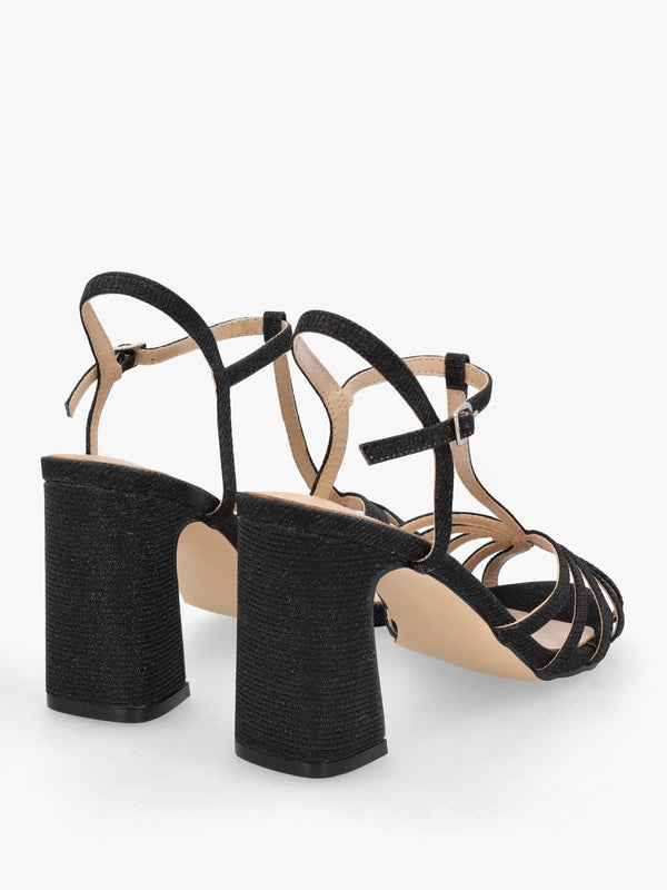 Iceline Black Metallic T Bar Block Heel Sandals
