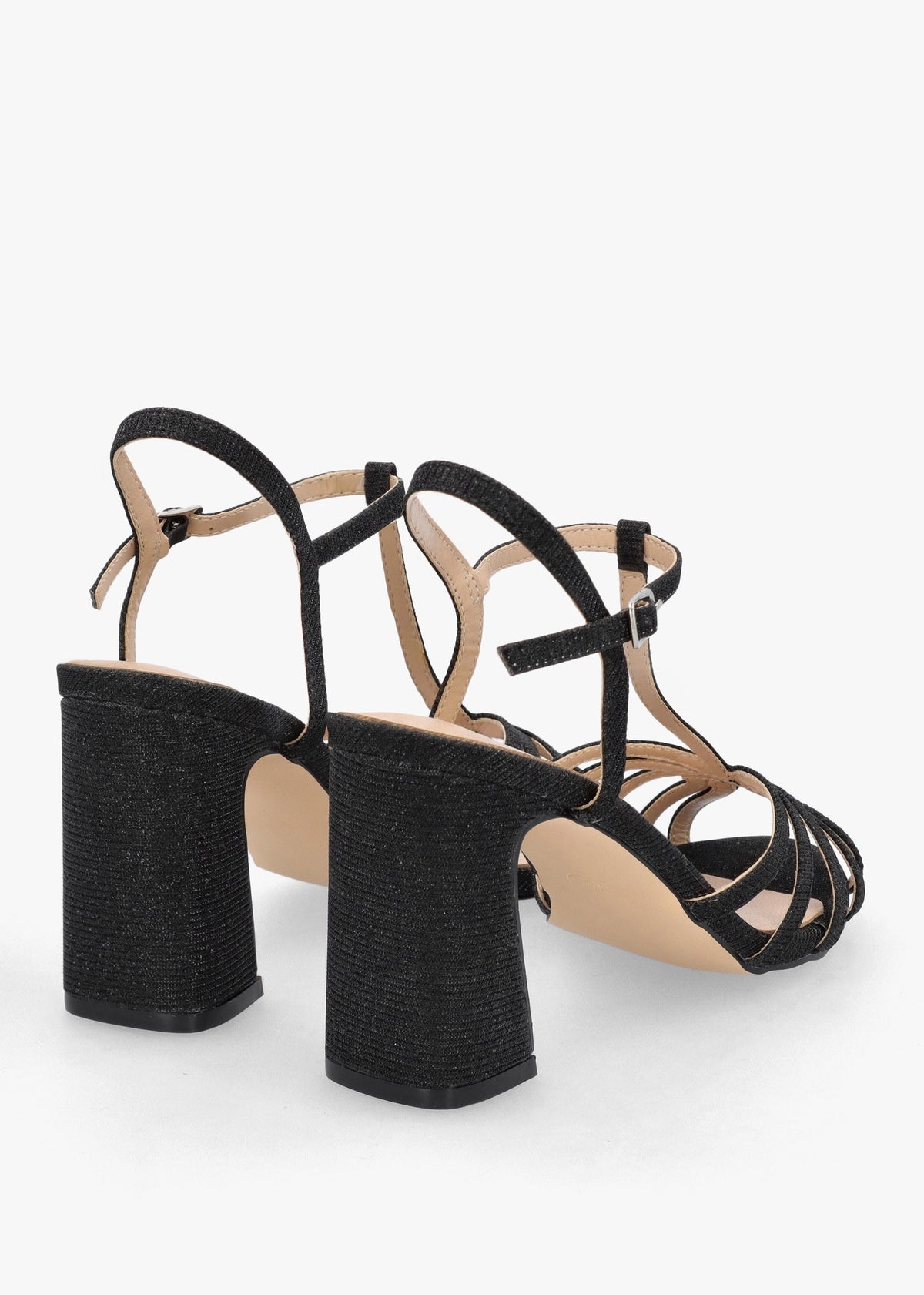 Iceline Black Metallic T Bar Block Heel Sandals