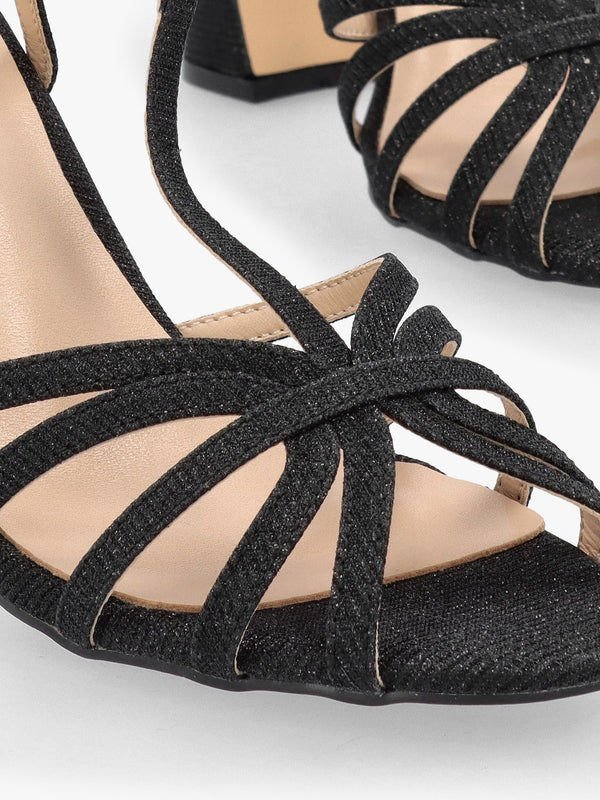 Iceline Black Metallic T Bar Block Heel Sandals