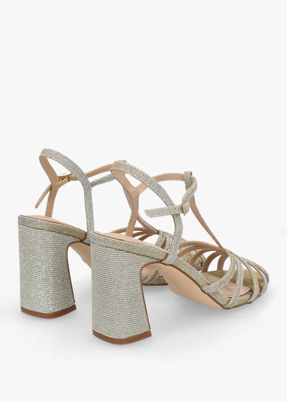 Iceline Gold Metallic T Bar Block Heel Sandals