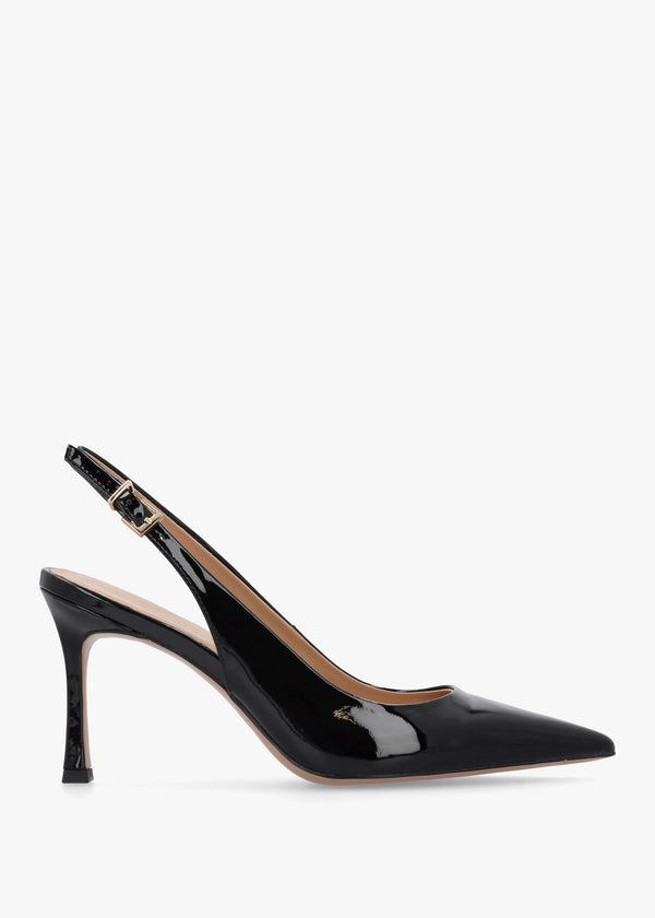 Enjoy Black Patent Leather Mid Heel Sling Back Court Shoes