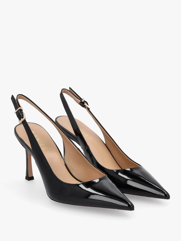 Enjoy Black Patent Leather Mid Heel Sling Back Court Shoes