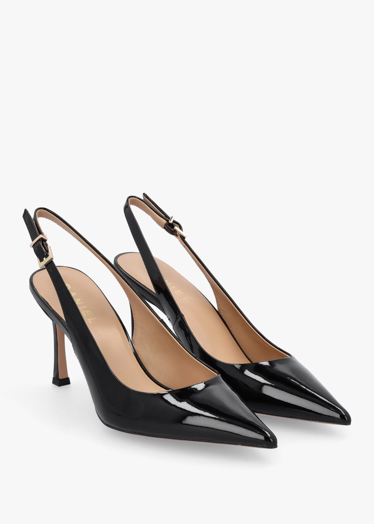 Enjoy Black Patent Leather Mid Heel Sling Back Court Shoes