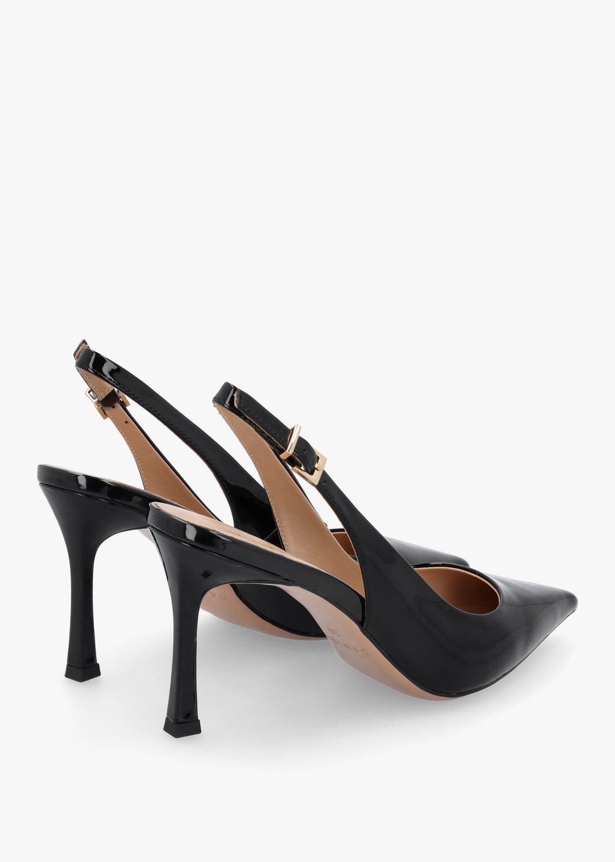 Enjoy Black Patent Leather Mid Heel Sling Back Court Shoes