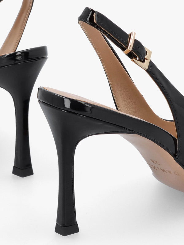 Enjoy Black Patent Leather Mid Heel Sling Back Court Shoes