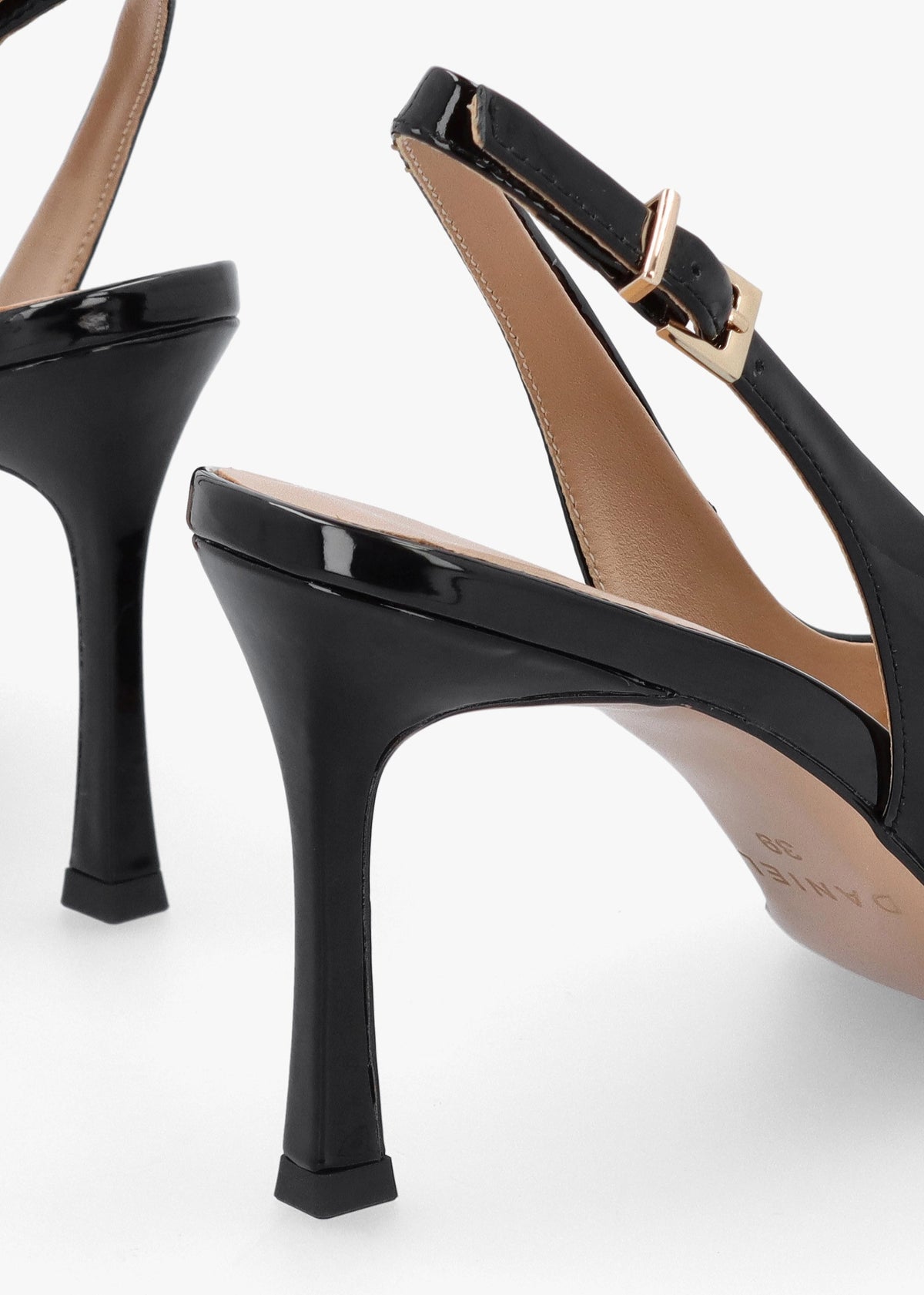 Enjoy Black Patent Leather Mid Heel Sling Back Court Shoes