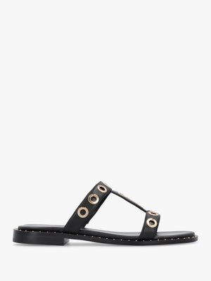 Elope Black Leather H Band Eyelet Mules