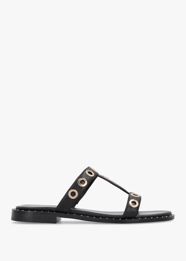 Elope Black Leather H Band Eyelet Mules