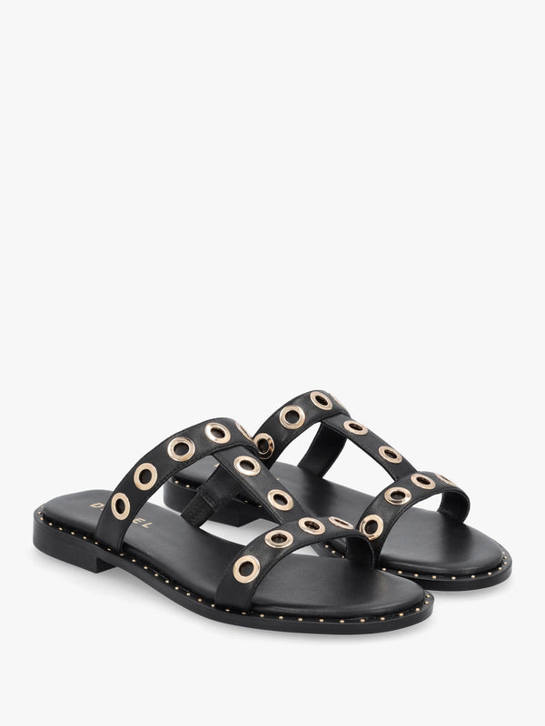 Elope Black Leather H Band Eyelet Mules
