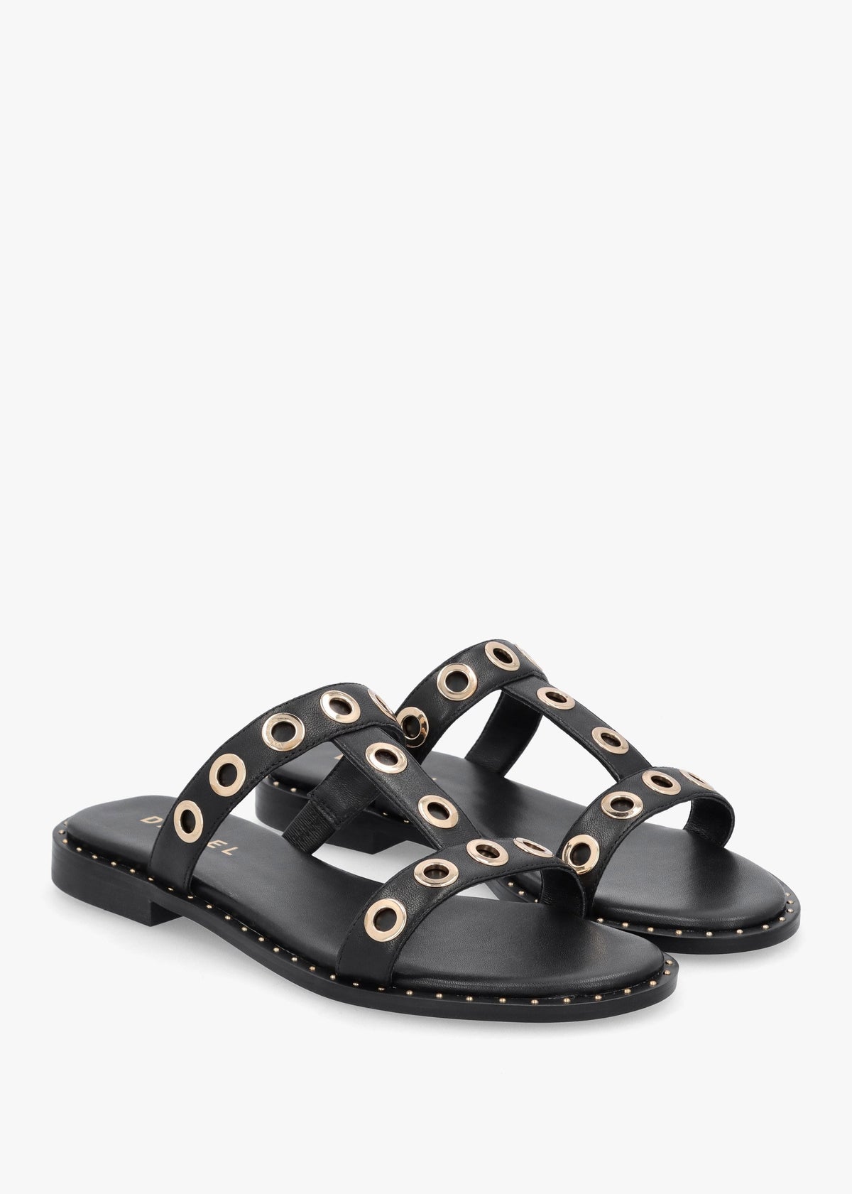 Elope Black Leather H Band Eyelet Mules