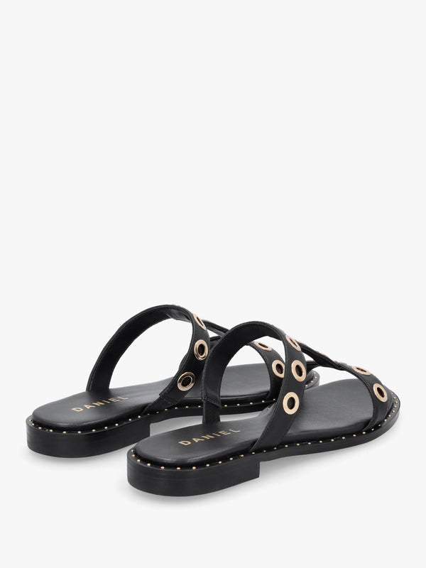 Elope Black Leather H Band Eyelet Mules