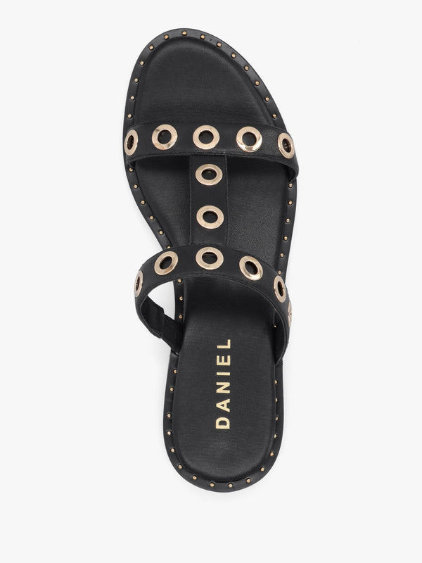 Elope Black Leather H Band Eyelet Mules