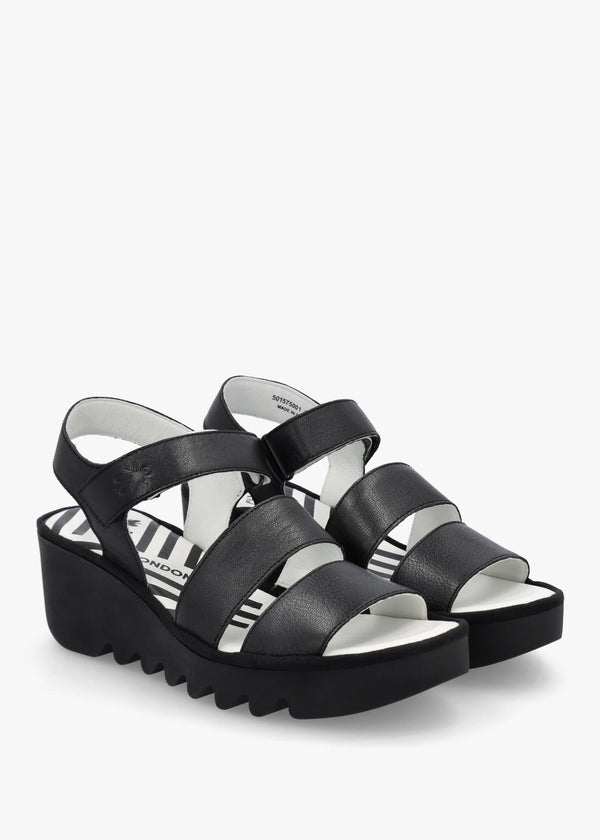 Bexy Black Leather Mid Wedge Sandals