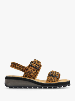 Heif Cheetah & Tan Leather Double Buckle Low Wedge Sandals