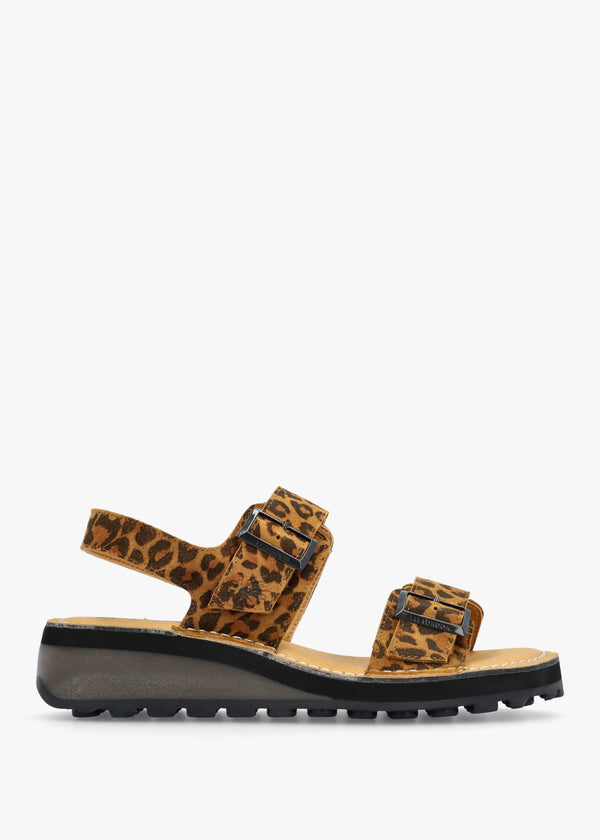 Heif Cheetah & Tan Leather Double Buckle Low Wedge Sandals