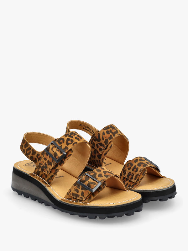 Heif Cheetah & Tan Leather Double Buckle Low Wedge Sandals