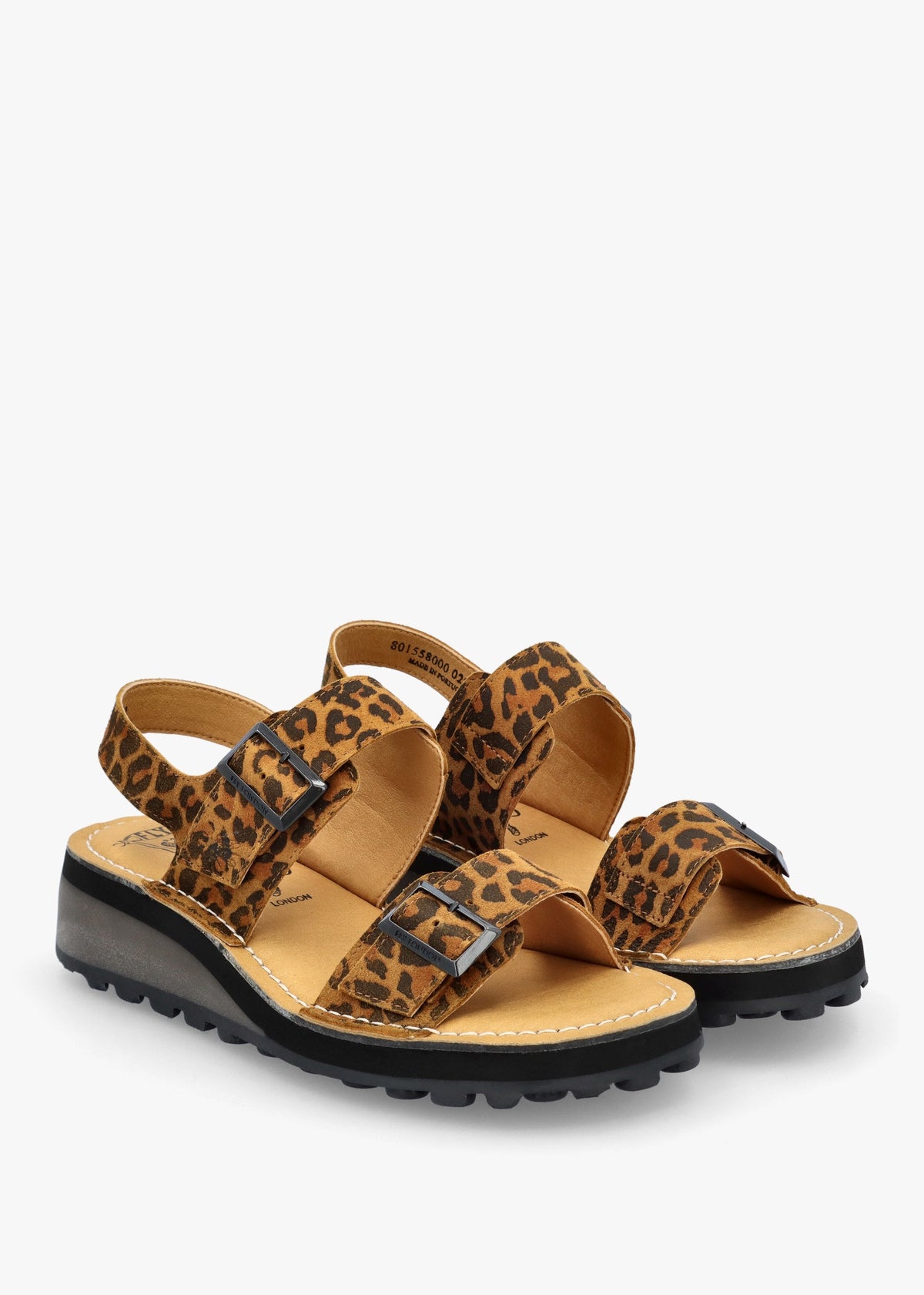 Heif Cheetah & Tan Leather Double Buckle Low Wedge Sandals