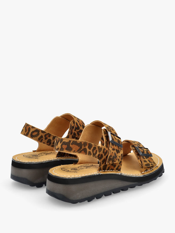 Heif Cheetah & Tan Leather Double Buckle Low Wedge Sandals