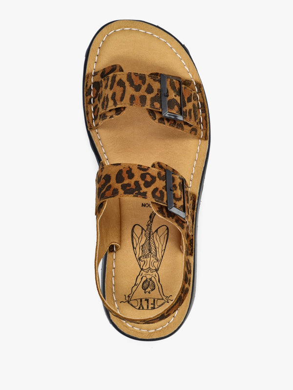 Heif Cheetah & Tan Leather Double Buckle Low Wedge Sandals