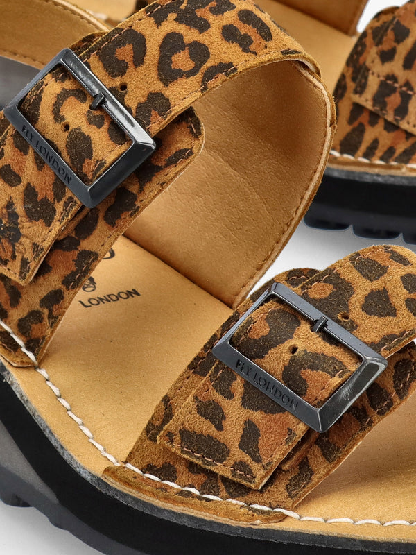 Heif Cheetah & Tan Leather Double Buckle Low Wedge Sandals