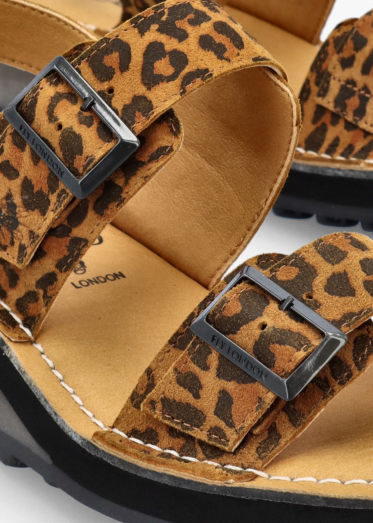 Heif Cheetah & Tan Leather Double Buckle Low Wedge Sandals