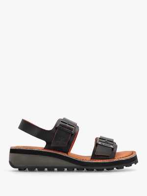 Havi Black & Orange Leather Flat Sandals