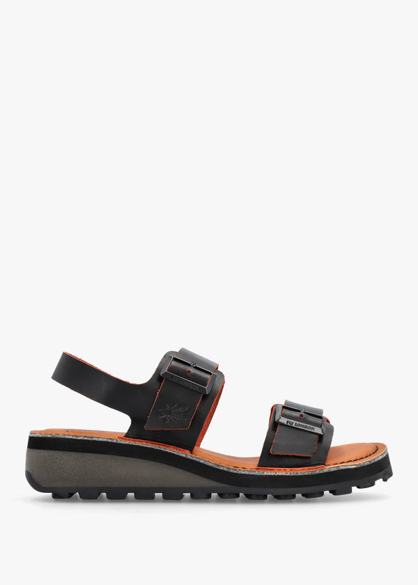 Havi Black & Orange Leather Flat Sandals