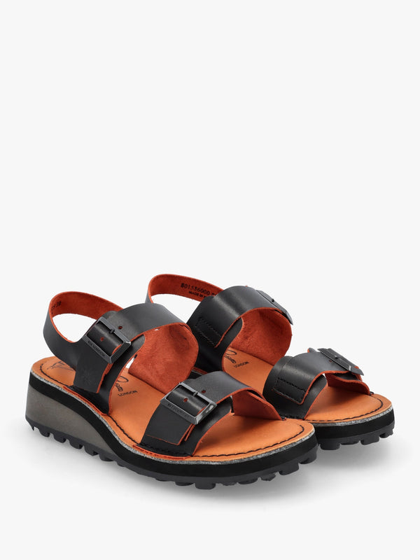 Havi Black & Orange Leather Flat Sandals