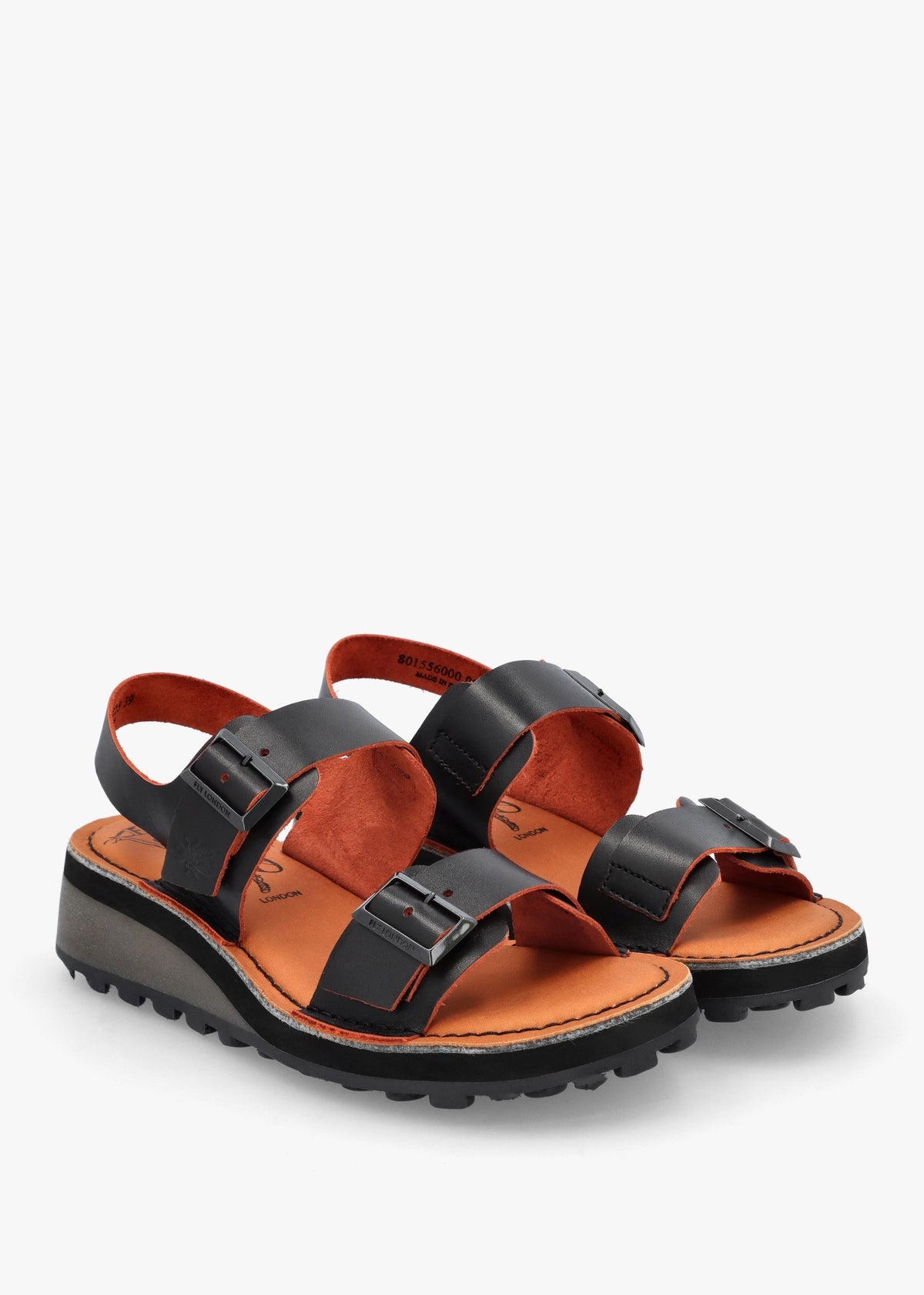 Havi Black & Orange Leather Flat Sandals
