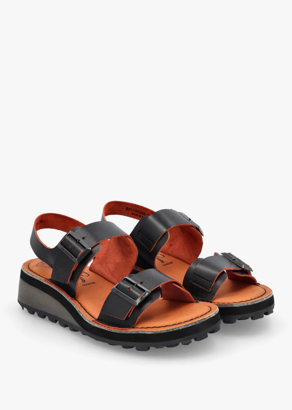 Havi Black & Orange Leather Flat Sandals