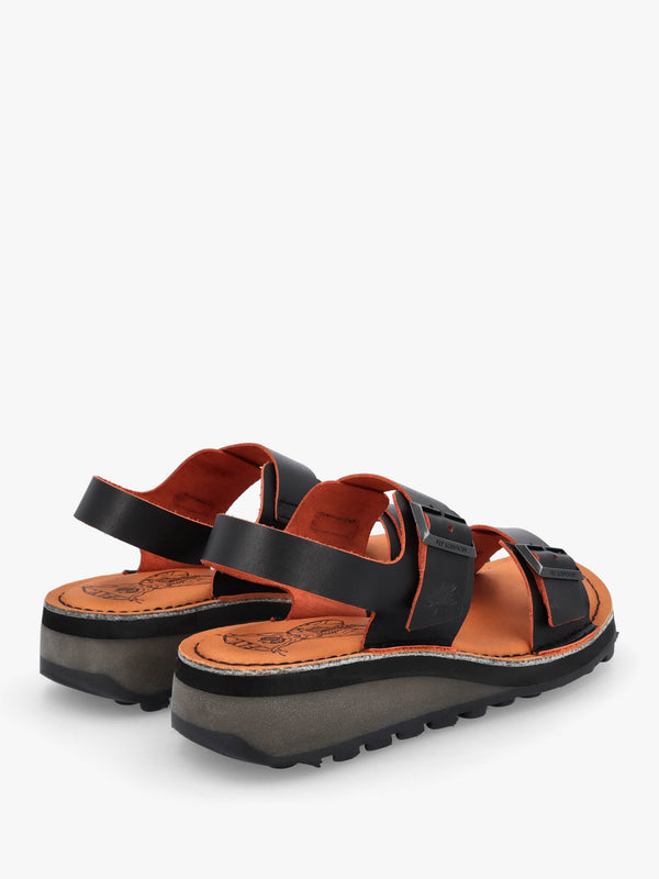 Havi Black & Orange Leather Flat Sandals