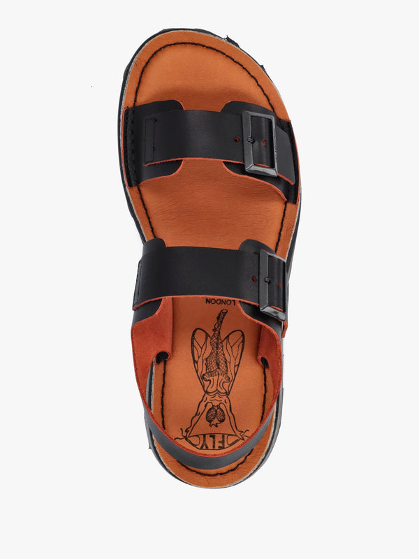 Havi Black & Orange Leather Flat Sandals