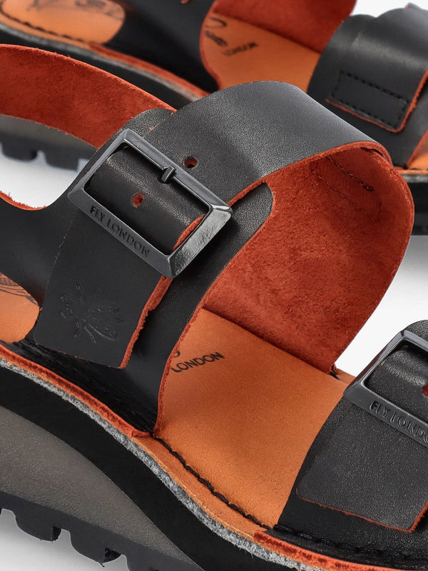 Havi Black & Orange Leather Flat Sandals
