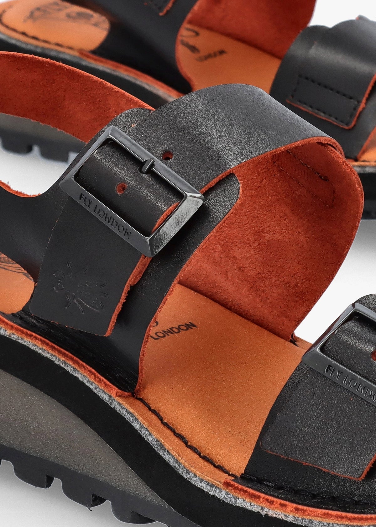 Havi Black & Orange Leather Flat Sandals