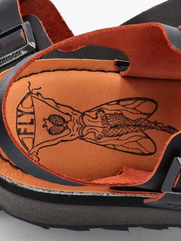 Havi Black & Orange Leather Flat Sandals
