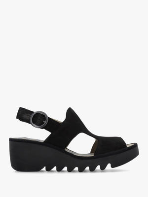 Baif Black Nubuck Leather Mid Wedge Sandals