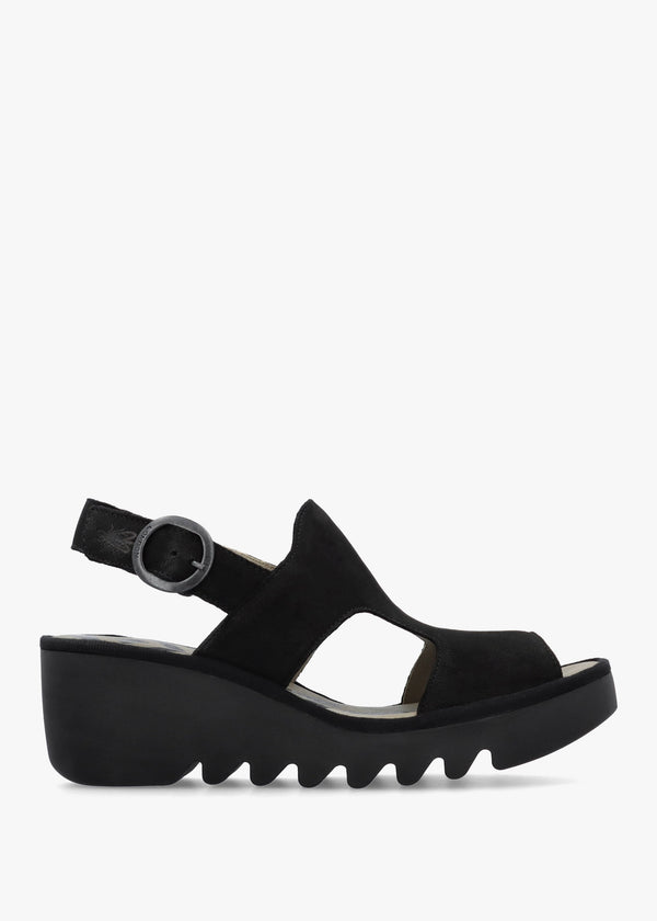 Baif Black Nubuck Leather Mid Wedge Sandals
