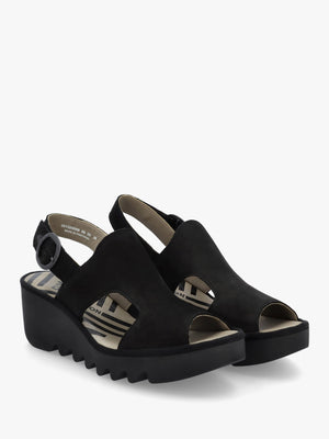 Baif Black Nubuck Leather Mid Wedge Sandals