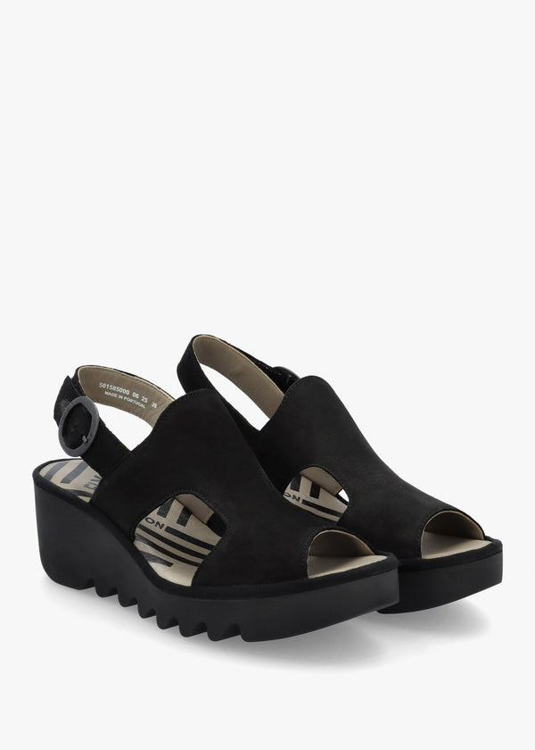 Baif Black Nubuck Leather Mid Wedge Sandals