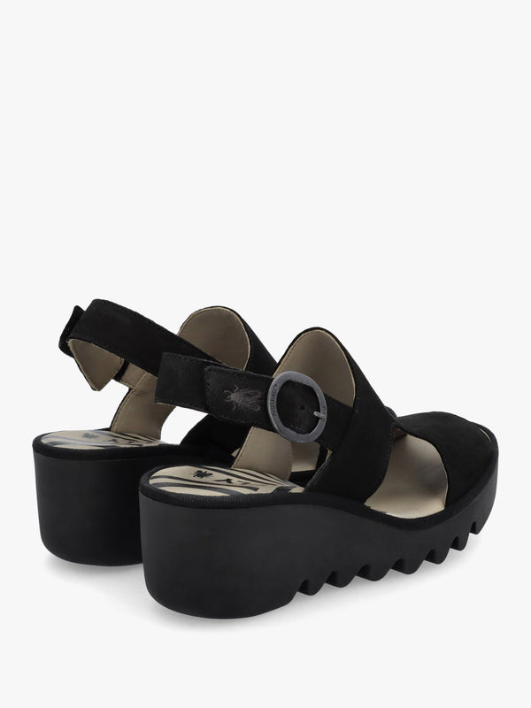 Baif Black Nubuck Leather Mid Wedge Sandals