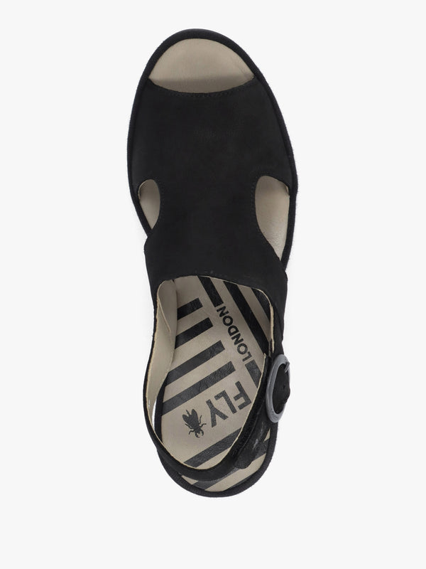 Baif Black Nubuck Leather Mid Wedge Sandals