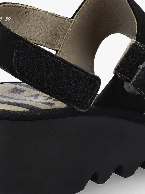 Baif Black Nubuck Leather Mid Wedge Sandals