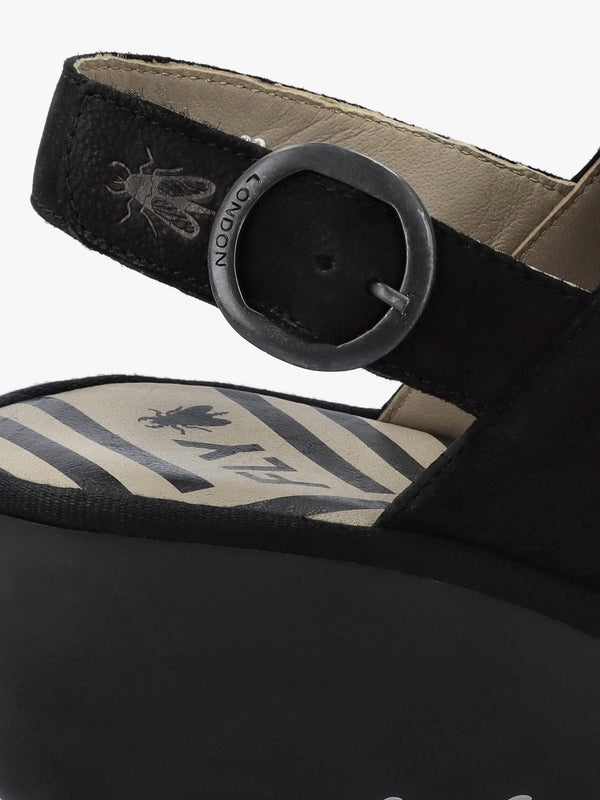 Baif Black Nubuck Leather Mid Wedge Sandals