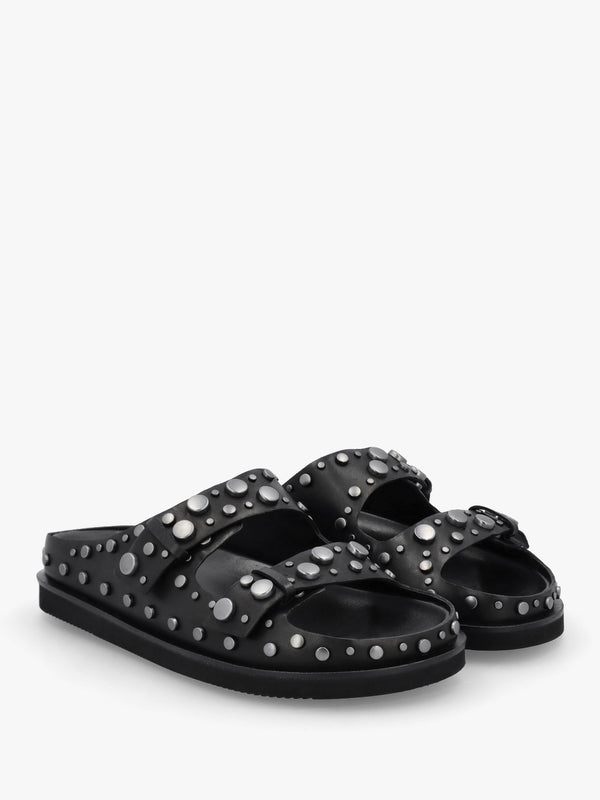 Ultra Black Leather Studded Two Bar Mules