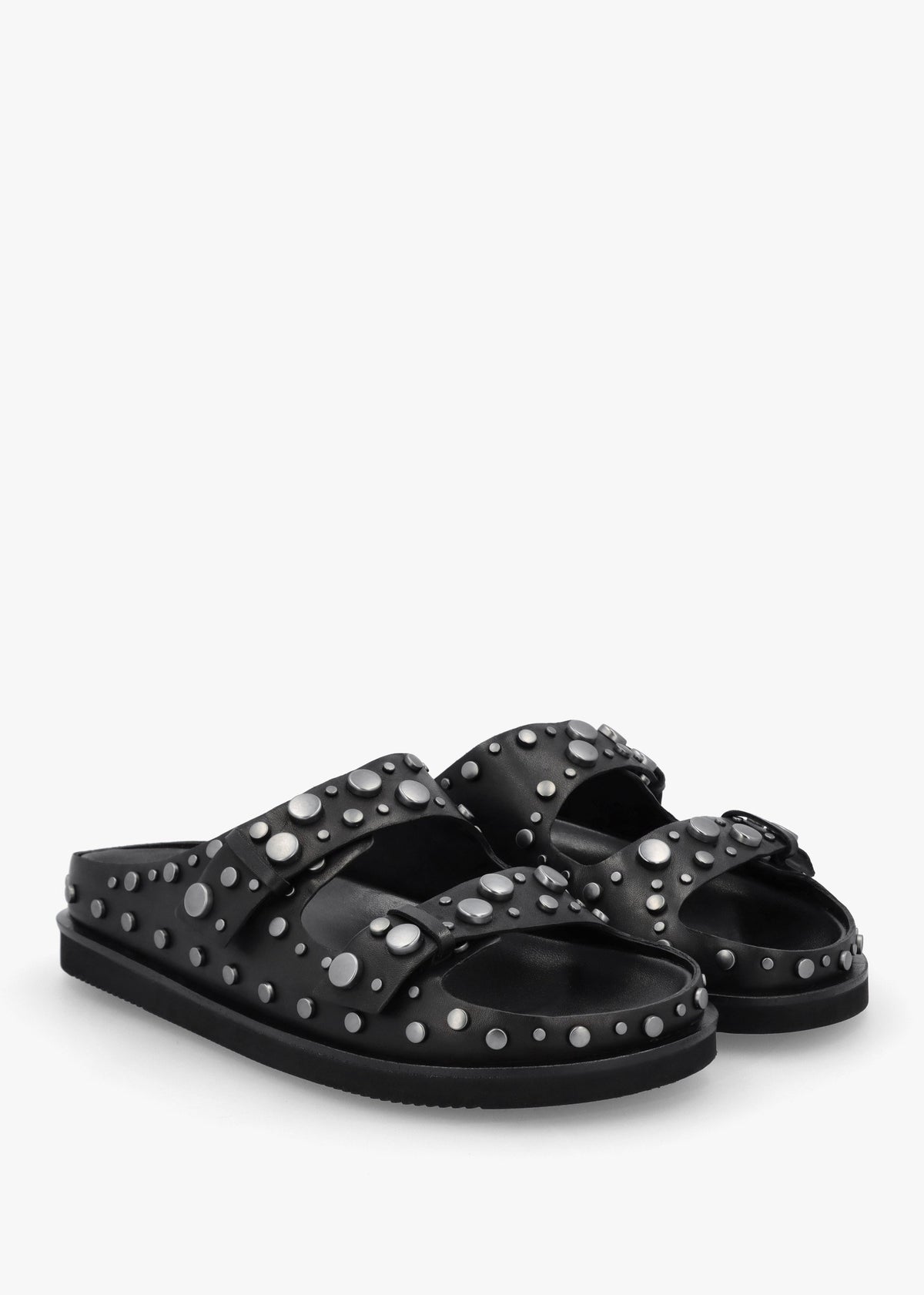 Ultra Black Leather Studded Two Bar Mules