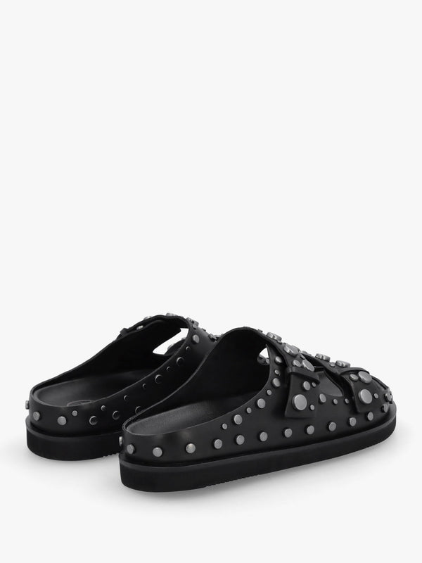 Ultra Black Leather Studded Two Bar Mules